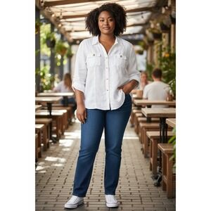 JM Collection Womens White 100% Linen Button Utility Shirt Gold Hardware Sz 10